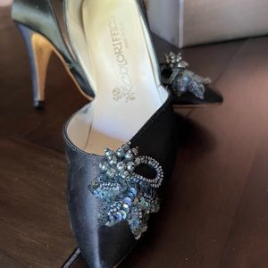 Black satin pumps (they were dyed and embellished) for a party (worn once) 6.5